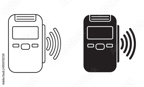 Simple illustration of two walkie talkies communicating with each other in black and white.