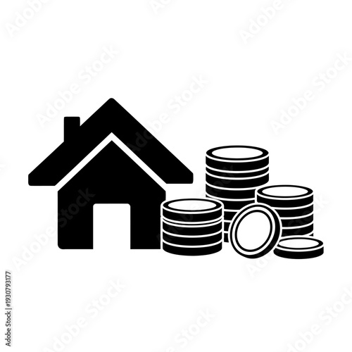 Black house icon with stacks of coins, symbolizing real estate investment and financial growth