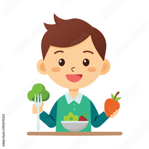 Happy Cute Kid Boy Eating Healthy Food Vector Illustration – Cartoon Clipart Line Art Printable Graphic Design