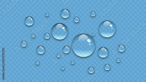 Realistic water droplets, transparent clear fresh aqua drops vector isolated