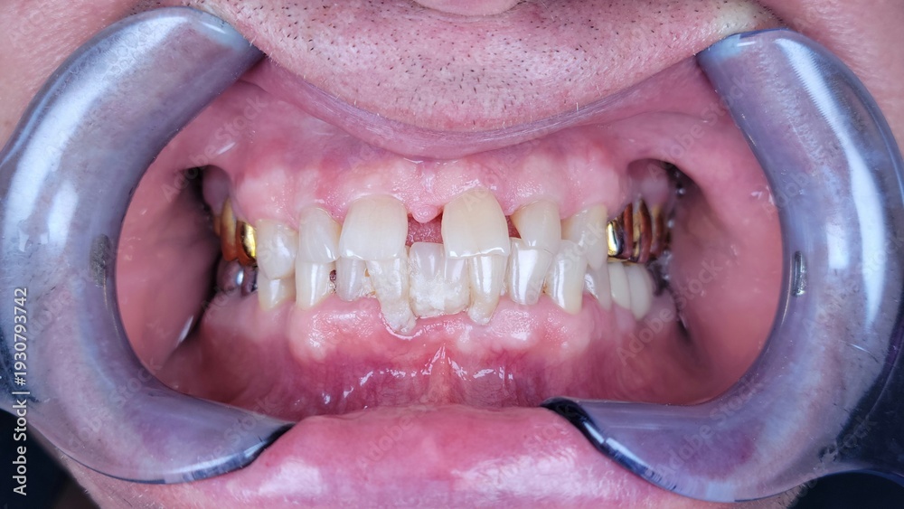 Obraz premium Closeup of a woman's mouth with dental braces and metal braces.