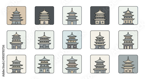Collection of Pagoda Icons in Various Colors.