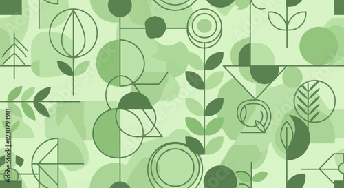Green Geometric Shapes and Leaves Pattern.