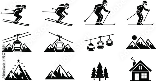 Set of car icons including a white line art coupe and a black solid silhouette SUV flat vector illustration for automotive design