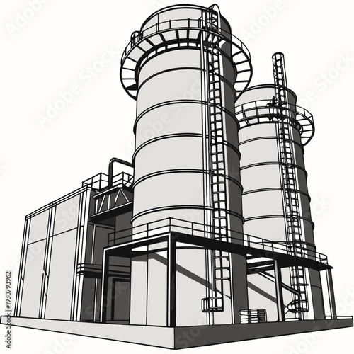 Monochrome of industrial refinery complex with cylindrical tanks and catwalks