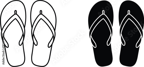 Set of flip flop icons featuring white line art and black solid silhouette thong sandals flat vector illustration for summer beach footwear design