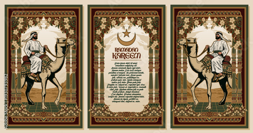 Classic Islamic Jasmine Ramadan 2026 Template with Arab Camel Rider Illustration