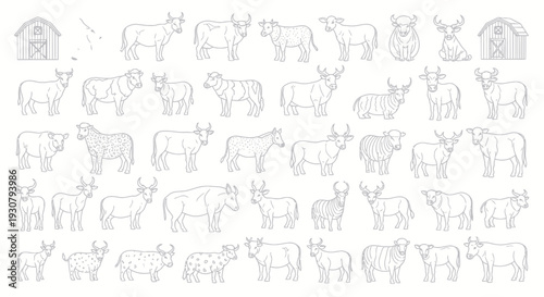 Collection of Various Farm Animal Illustrations.