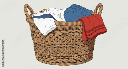 Wicker Basket with Laundry and Clothes.