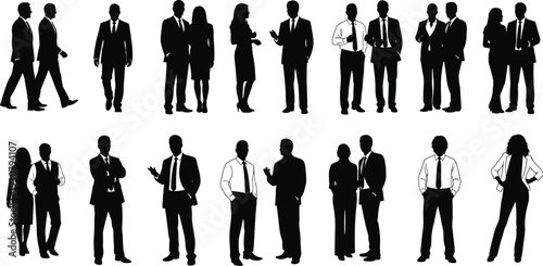 Business professionals and romantic couples silhouettes collection for architectural scale drawing, flat vector illustration featuring office staff, corporate teams, and walking pairs.