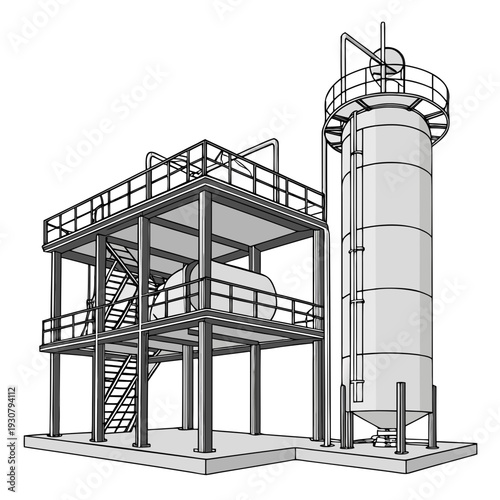 Industrial facility with cylindrical storage tank and platform