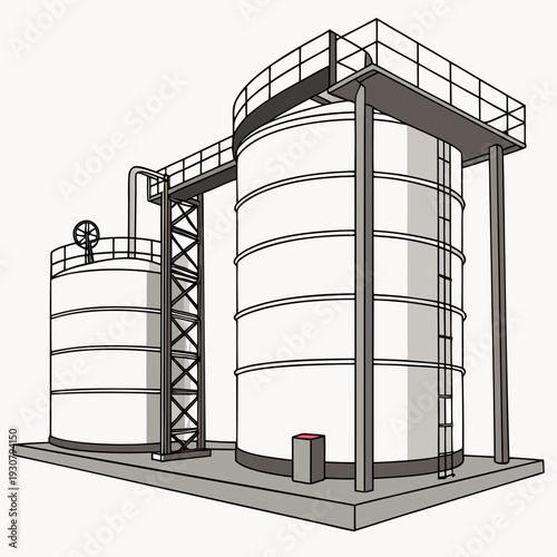 Industrial refinery with two large storage tanks and catwalk