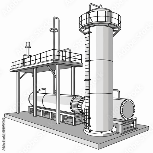 Isometric view of industrial chemical refinery equipment