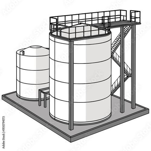 Isometric view of industrial refinery storage tanks with catwalk and staircase