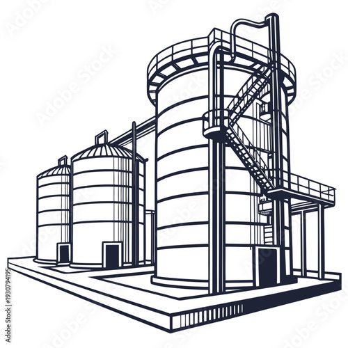 Large industrial storage tanks with staircase and catwalk