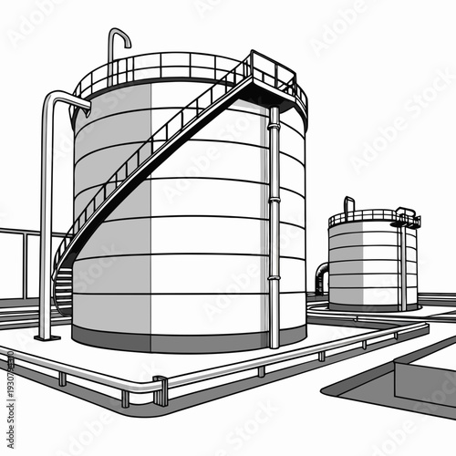 Ultra clean render of industrial storage tanks and piping