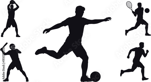 Vector silhouettes of athletes playing soccer, basketball, cricket, tennis, and running, dynamic sports illustration highlighting motion, fitness, competition, teamwork, athletic activity