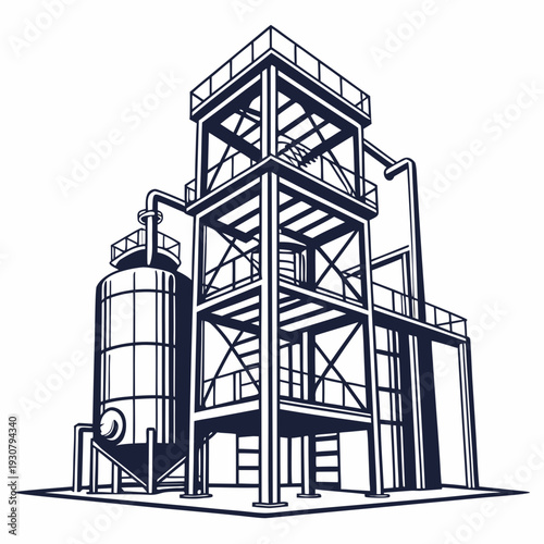 Industrial chemical plant with cylindrical tank and multi-level structure