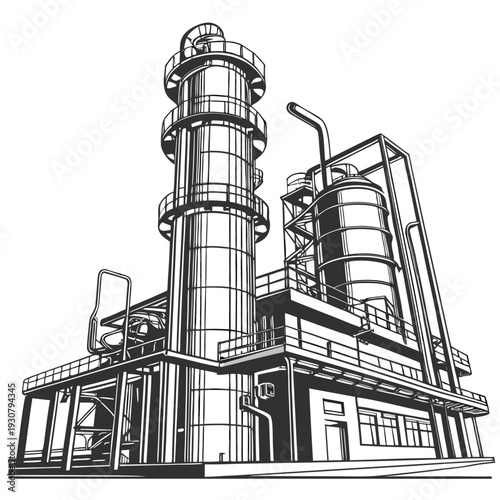 Black and white of industrial plant with smokestack