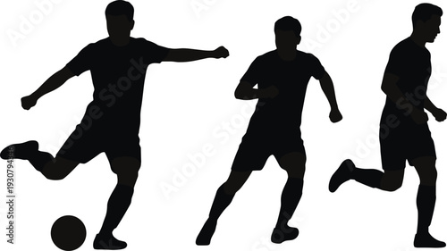 Dynamic soccer player silhouettes in motion, vector illustration showcasing athletic kicking, running, and ball control actions, sports activity, fitness, competitive gameplay design
