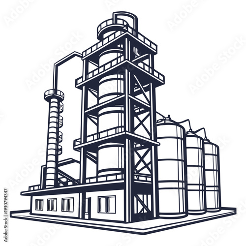 Chemical plant with smokestack and storage tanks industrial