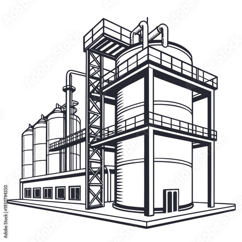 Black and white of industrial facility with tanks and pipes
