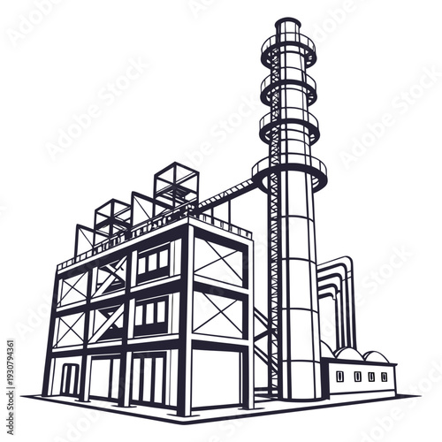 Industrial chemical plant with smokestack factory building