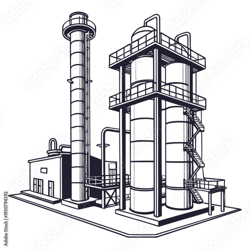 Large oil refinery with smokestack and storage tanks