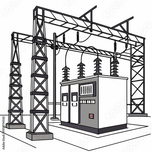 Voltage electrical substation with transformer and transmission towers