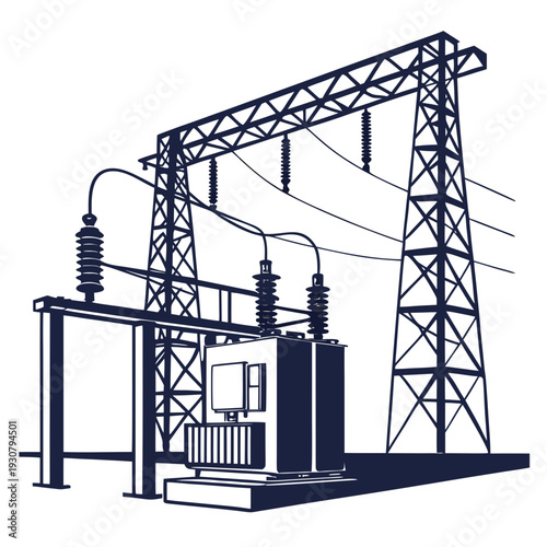 Voltage electrical substation with power lines and transformer