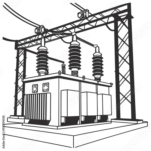 Black and white of a power transformer station electrical substation
