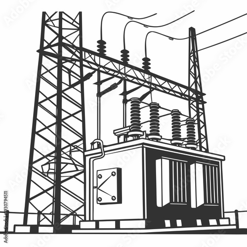 Black and white of a power substation with transmission towers and electrical insulators