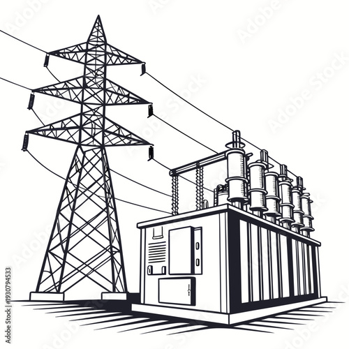 Black and white of power transmission tower and transformer station