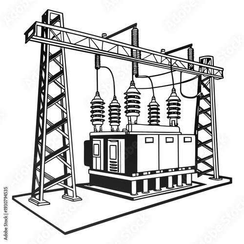 Black and white of an electrical transformer station