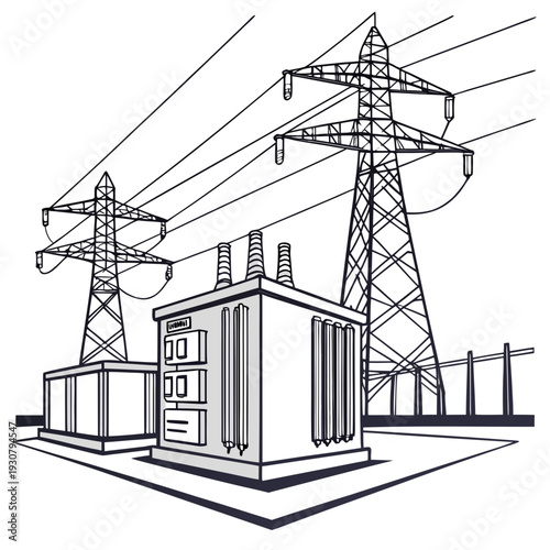 Electrical substation with power transmission towers and transformer