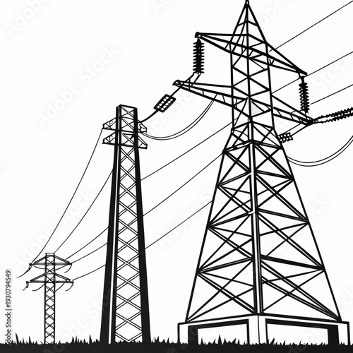 Black and white of voltage power transmission towers