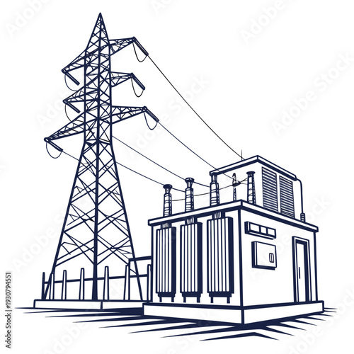 Electrical grid facility with power transmission tower and transformer station