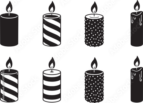 Silhouette vector set of decorative candles, burning flames, striped, dotted, dripping wax designs, minimalist illustration, celebration concept, festive lighting graphic design