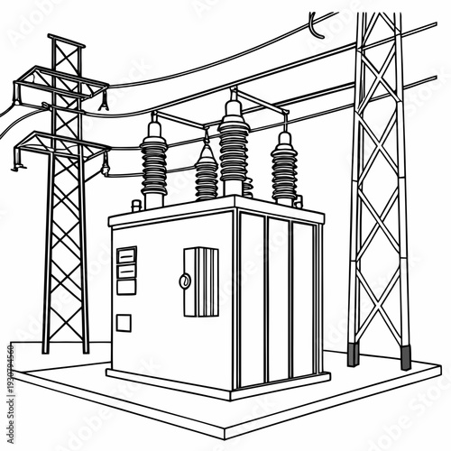 Of an electrical substation with transformer and towers
