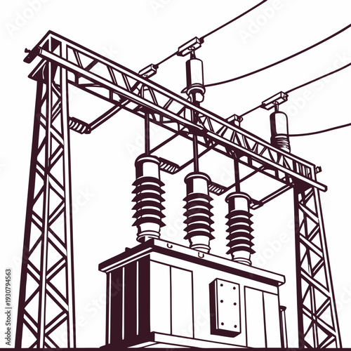 Power transformer station with insulators and wires