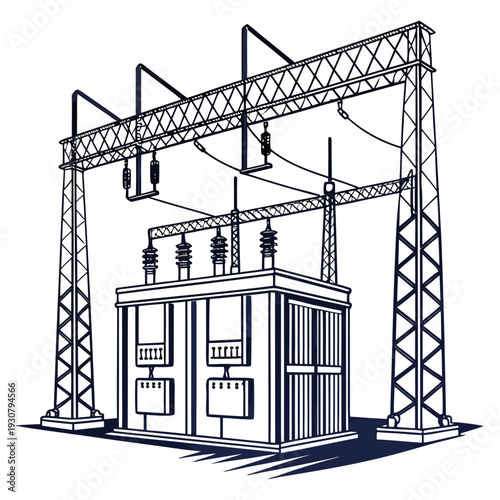 Of voltage electrical substation with towers and transformer