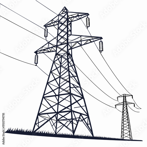 Voltage electric power transmission towers with wires on grassy field