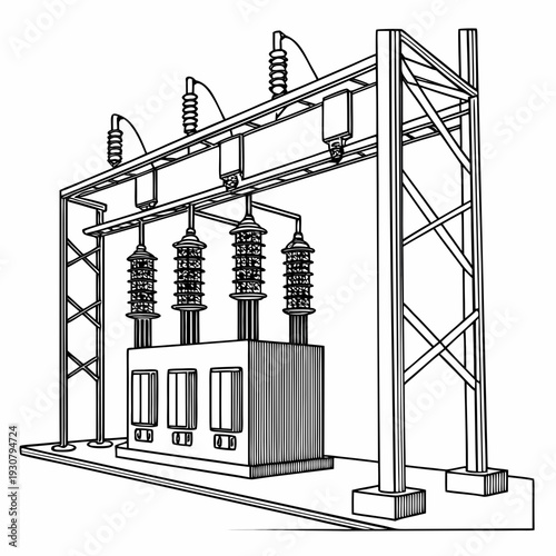 Detailed of an electrical substation with transformer and towers