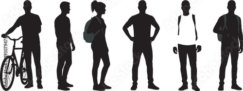 Silhouette vector set of diverse people standing, bicycle figure, backpack posture, casual stances, human icons, minimalist design, lifestyle concept illustration