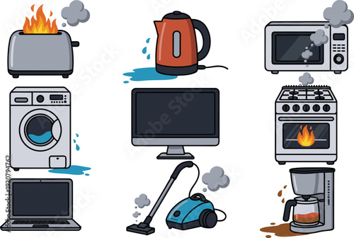 Vector illustration of malfunctioning household appliances including toaster fire, leaking kettle, smoking microwave, broken washing machine, stove fire, coffee maker, vacuum cleaner hazard