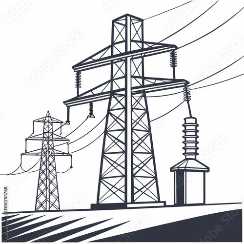 Transmission towers with power lines and insulators on white background