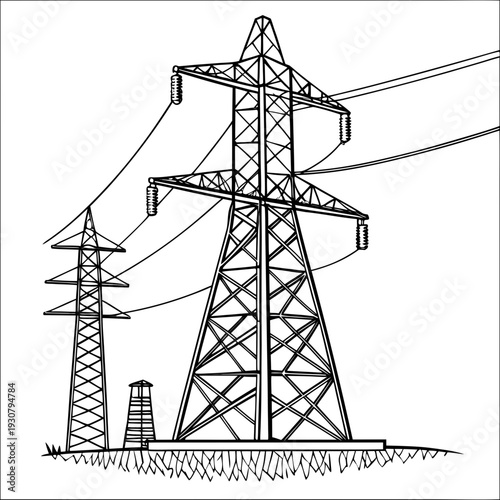 Voltage power transmission towers with insulators and wires