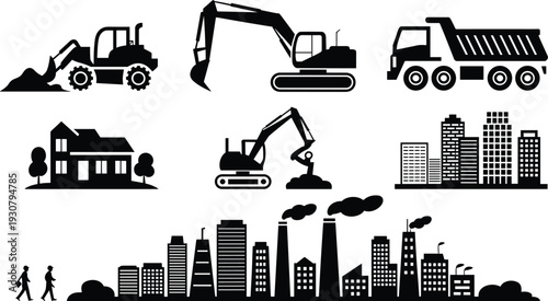 Construction machinery and city skyline set, excavator loader truck buildings icons, black vector isolated background illustration