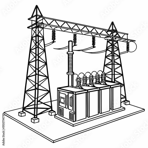 Black and white of an electrical transmission tower and transformer