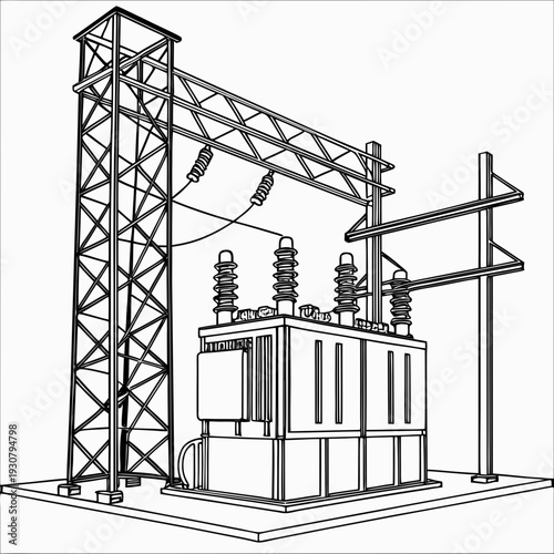 Utility switchyard with transformer and transmission tower